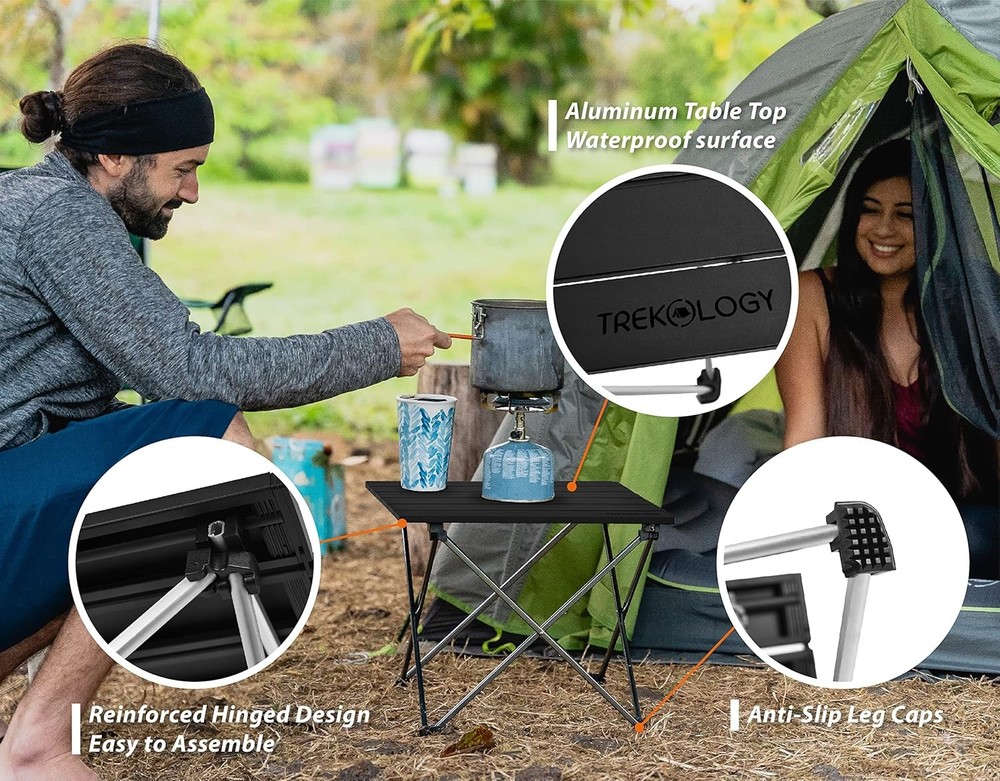 TREKOLOGY Small Camping Table - Beach That Fold Up - Obsidian Black