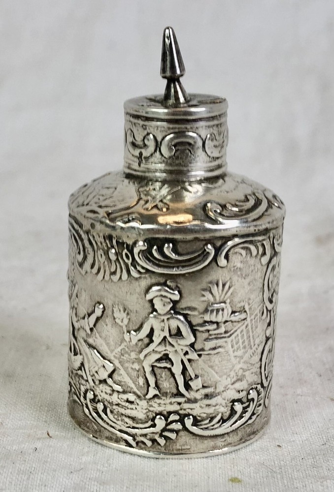 ANTIQUE SOLID SILVER MINIATURE TEA CADDY, REPOUSSE, DUTCH / ENGLISH, VICTORIAN