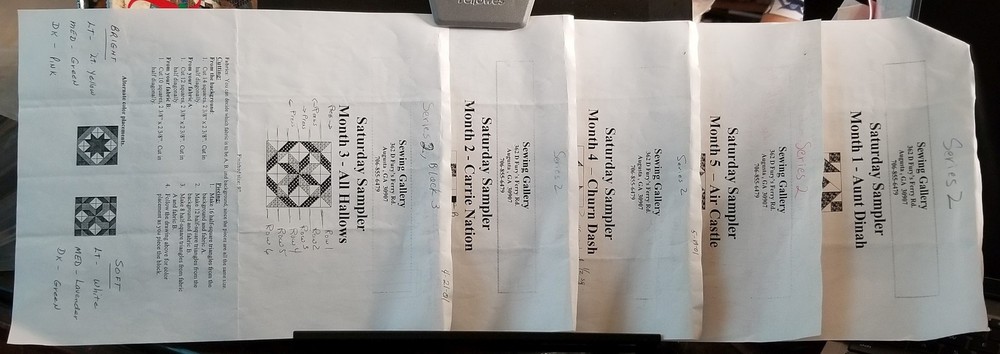 Five (5) Saturday Sampler Quilt Patterns - Sewing Gallery Augusta Class - notes