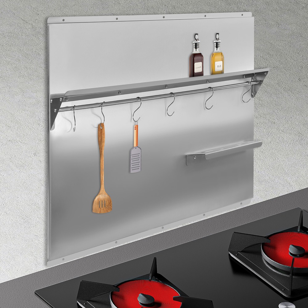 Range Backsplash Range Hood Wall Shield Splash Plate Stainless w/ Storage Shelf
