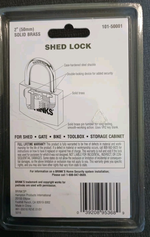 BRINKS Solid Brass 50mm Keyed Padlock with 1-1/8” Shackle High Security