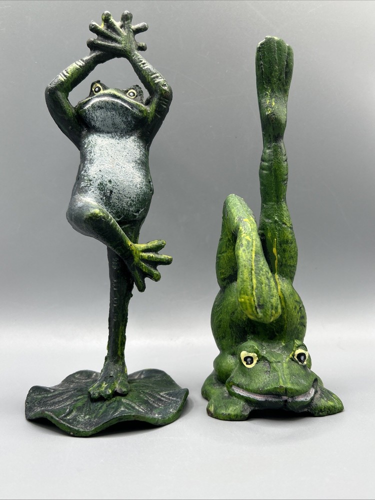 FUN Painted Cast Iron Frogs Doing Yoga 7-8” Tall