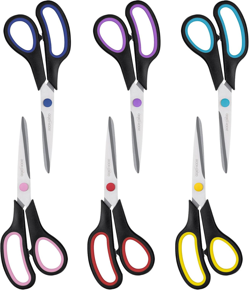 Scissors, 8" All Purpose 6 Pack - Comfort-Grip Scissors for Office Desk Accesso