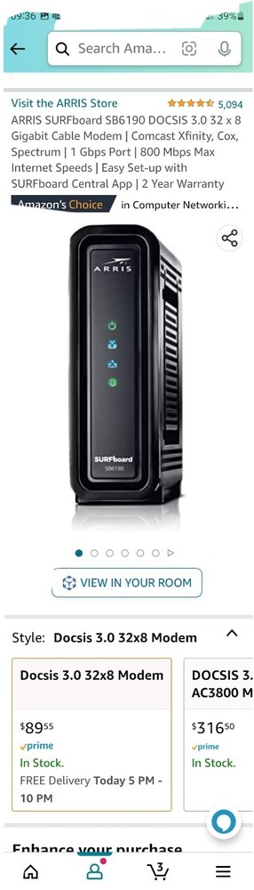 ARRIS SURFboard SB6190 DOCSIS 3.0 Cable Modem Black