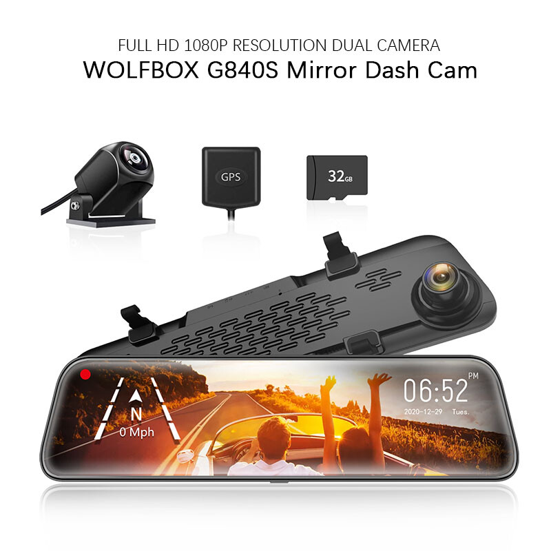 WOLFBOX Mirror Dash Camera 1080P MINI USB Front and Rear View Dash Cam
