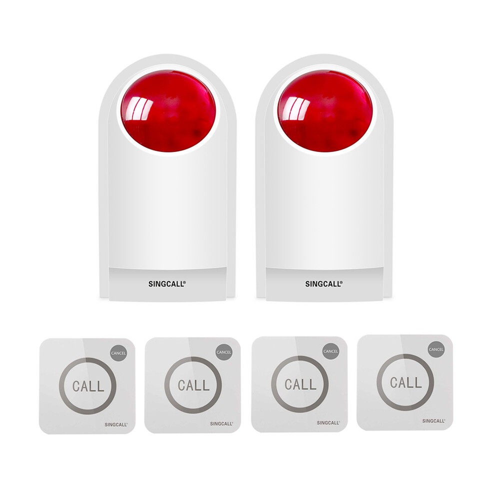 SINGCALL Wireless 2 Pcs Sound Strobe Flash Siren Security System with 4 Pagers