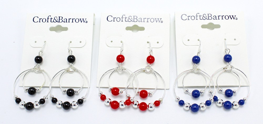 New Silver Dangle Earrings with Red Blue & Black Beads #E1254
