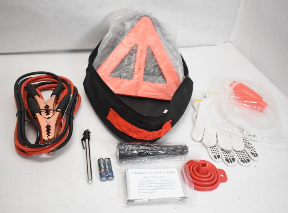 Car Emergency Roadside Assistance Kit w/ Jumper Cables & Storage Bag Black/Red