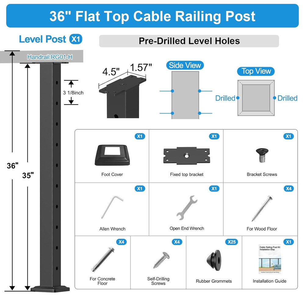 36" Black Surface Mount Cable Railing Post Kit for Decks - Stainless Steel