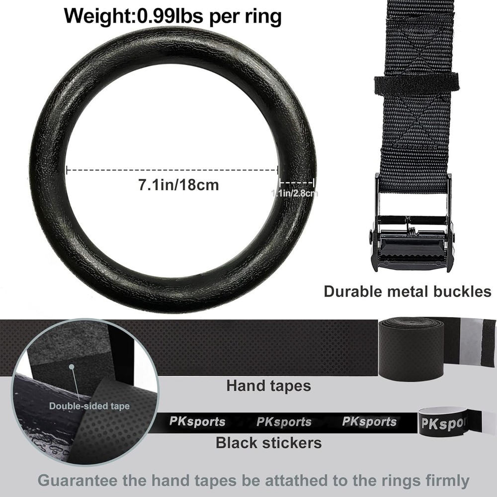 Gymnastic Rings 1100lbs Capacity with 14.76ft Adjustable Buckle Straps Pull U...