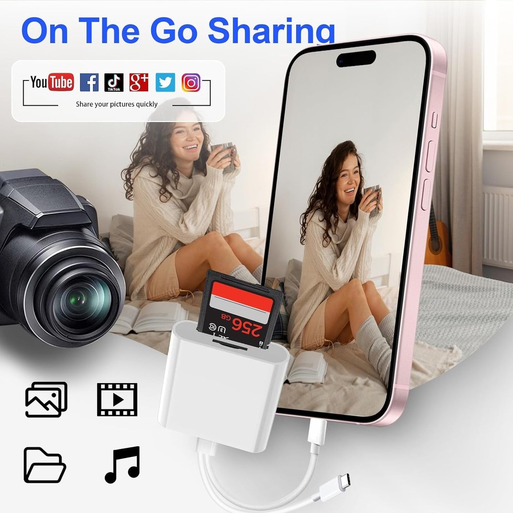 SD Card Reader for iPhone iPad, USB C & Lightning Dual 2 Slot, White