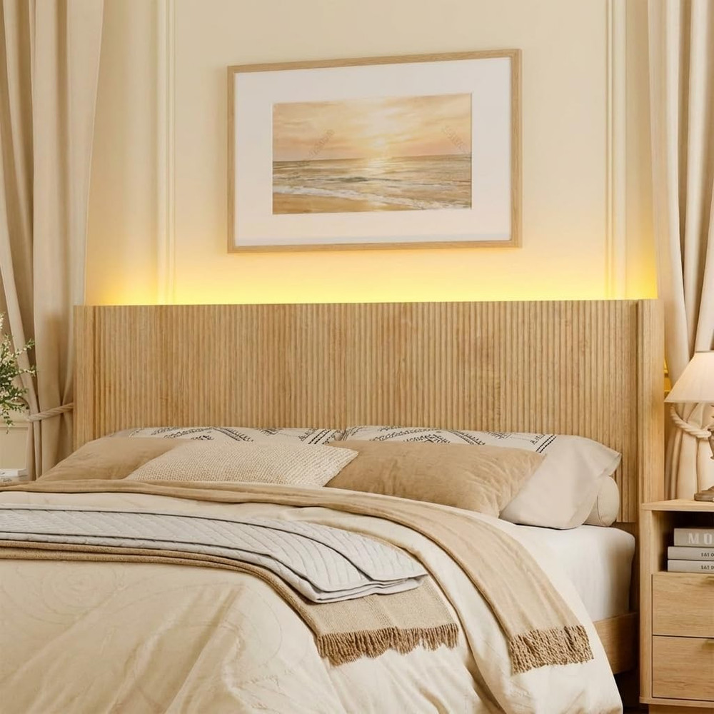 Queen Size Headboard Only, Modern Fluted Wall-Mounted Head Board with Lighting,