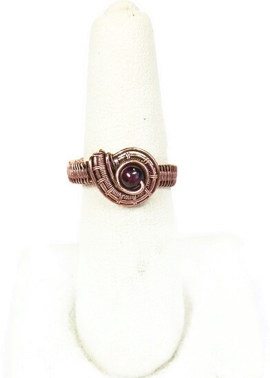 Garnet Adjustable Ring, Woven in Copper Wire