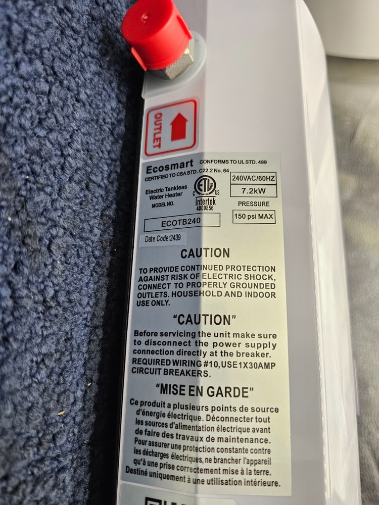 EcoSmart ECOTB240 SmartBoost™ Water Heater Booster 240VAC 60Hz 7.2kW 150psi Max