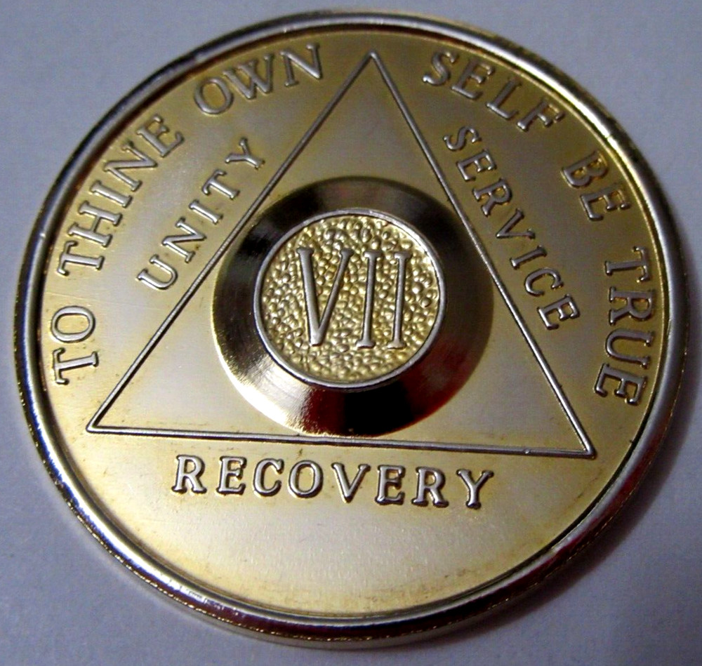 Gold Plated Alcoholics Anonymous 7 Year AA Back Medallion Coin Token Chip