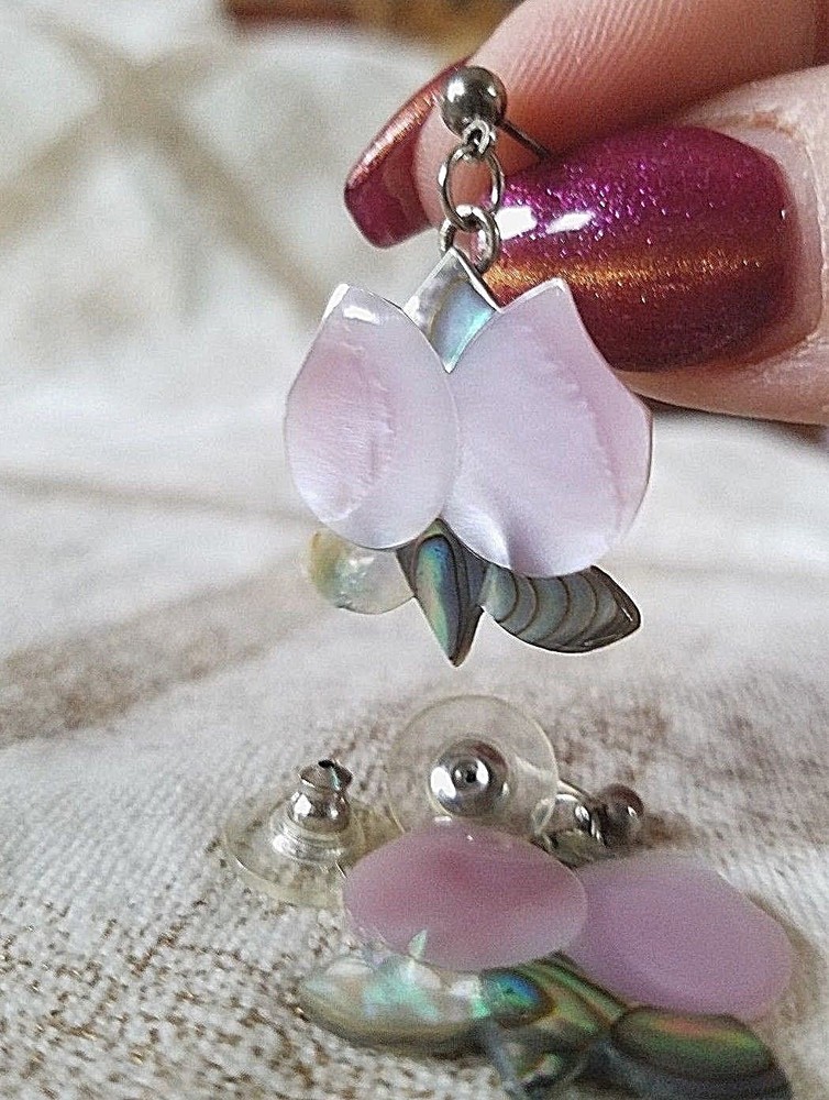 Mexico Alpaca Abalone Pink Lotus Dangle Earrings