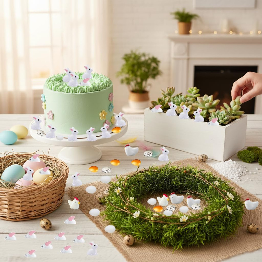 80Pcs Miniature Easter Figurines - Rabbits, Chickens & Eggs for Decor