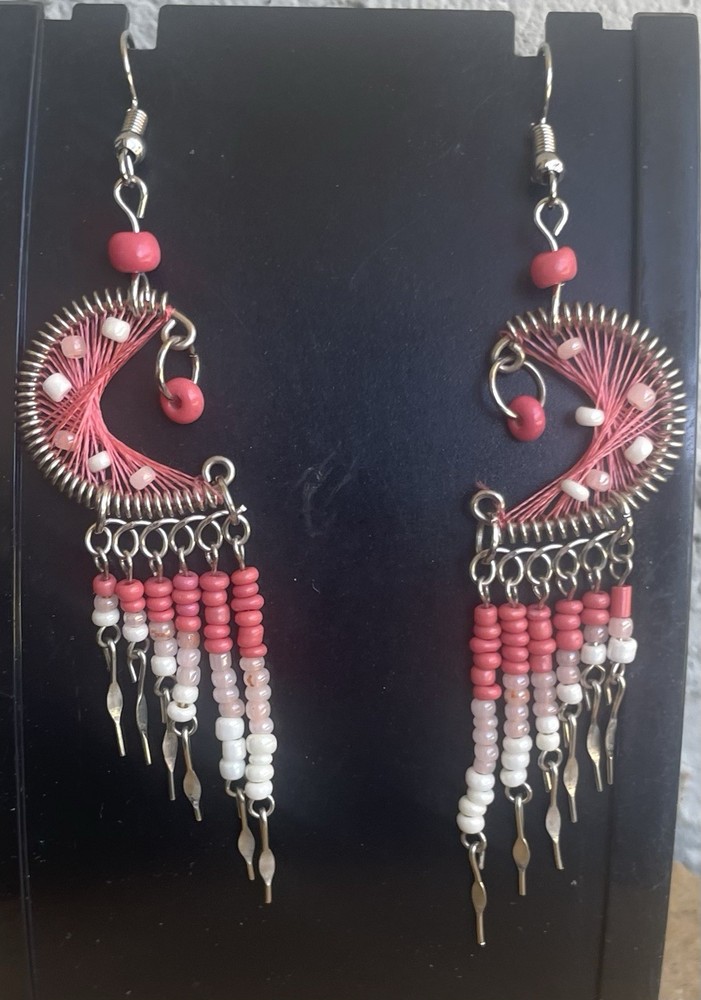 Crescent Salmon Pink Earrings Silk Thread Seed Bead Dangle Boho Peruvian Ethnic