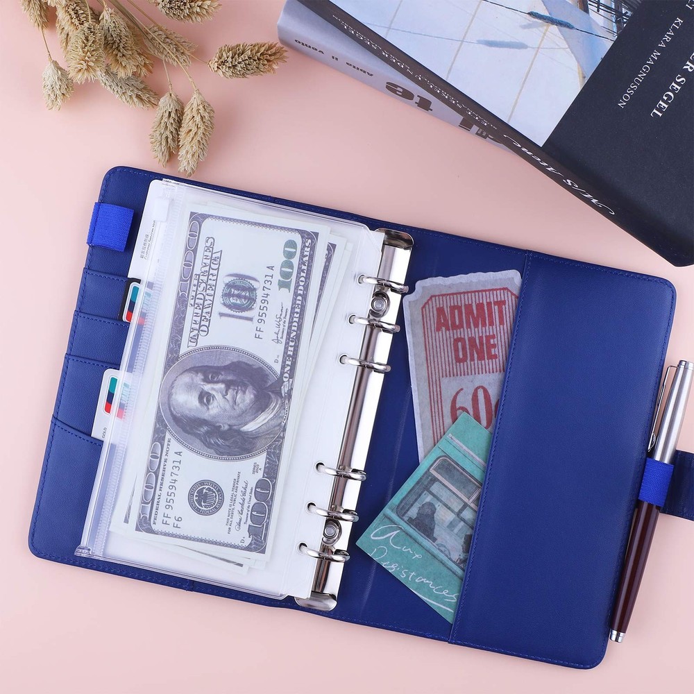 Antner A6 PU Leather Budget Binder - Refillable 6 Ring Notebook A6, Navy Blue