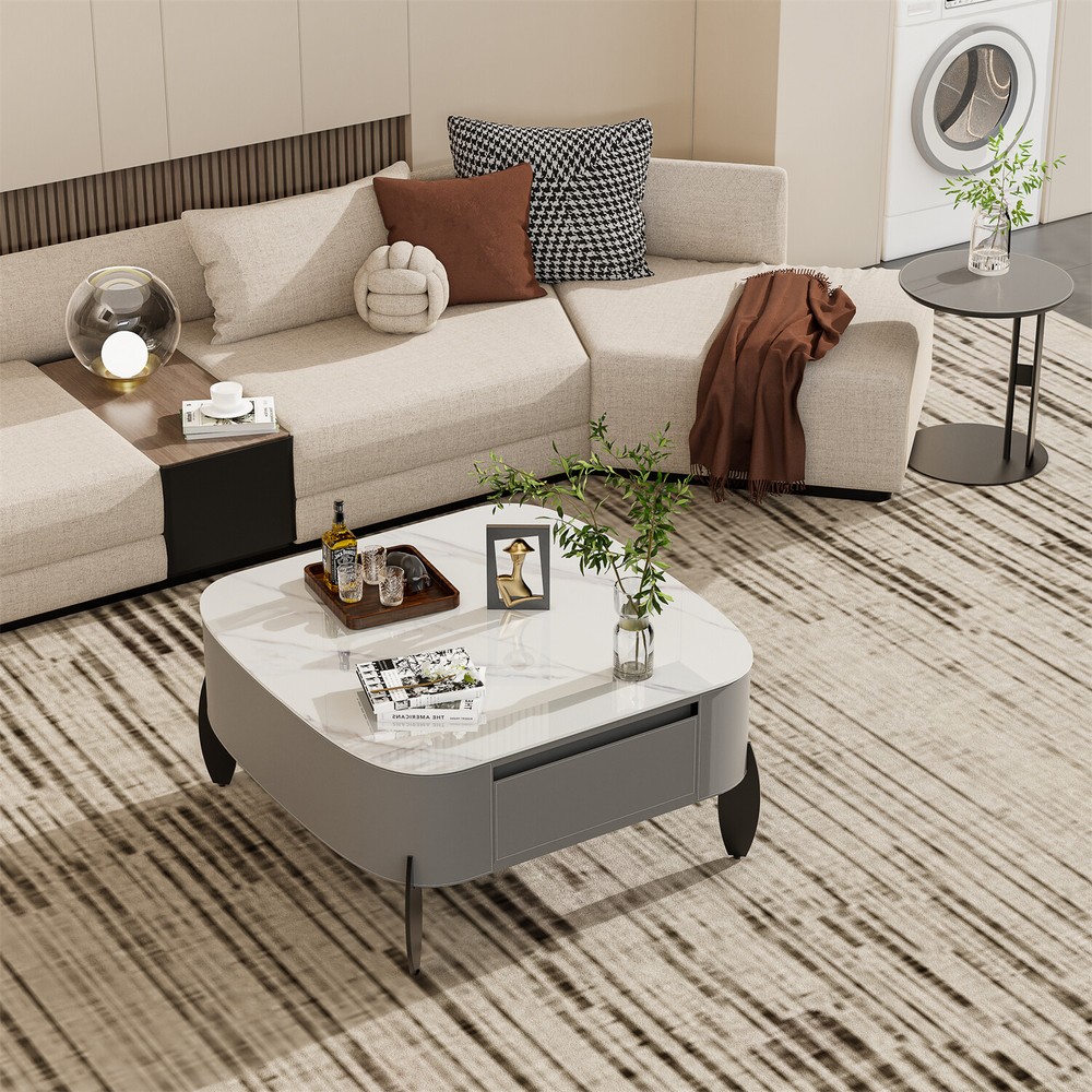 32'' Diameter Modern Coffee Table Luxury Stone Top Saddle Leather Center Table