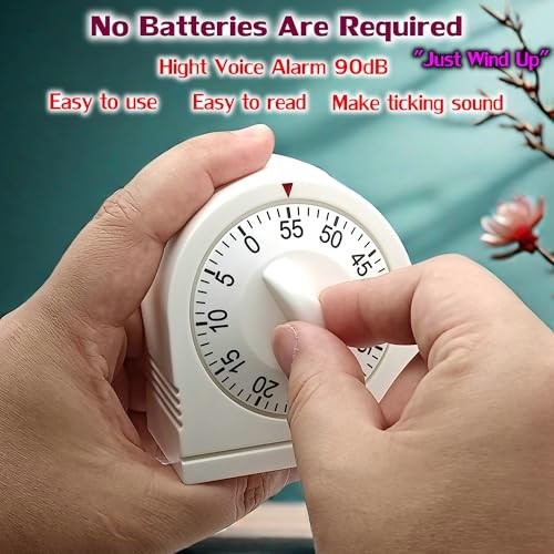 60 Minute Wind Up Timer, Visual Mechanical Timer with Loud Alarm, Manual White