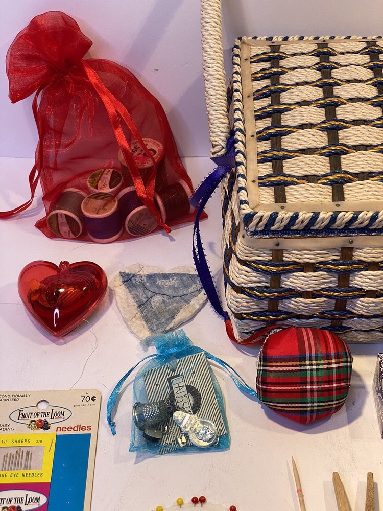 Musical Wicker Sewing Basket Notions Keepsake Kit Blue
