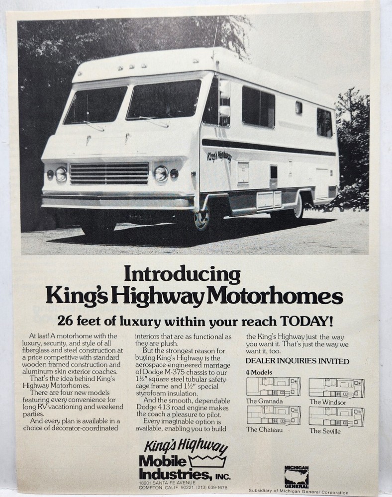 1973 Kings Highway Camper Motor Home RV Retro Original Print Ad Compton CA 70s