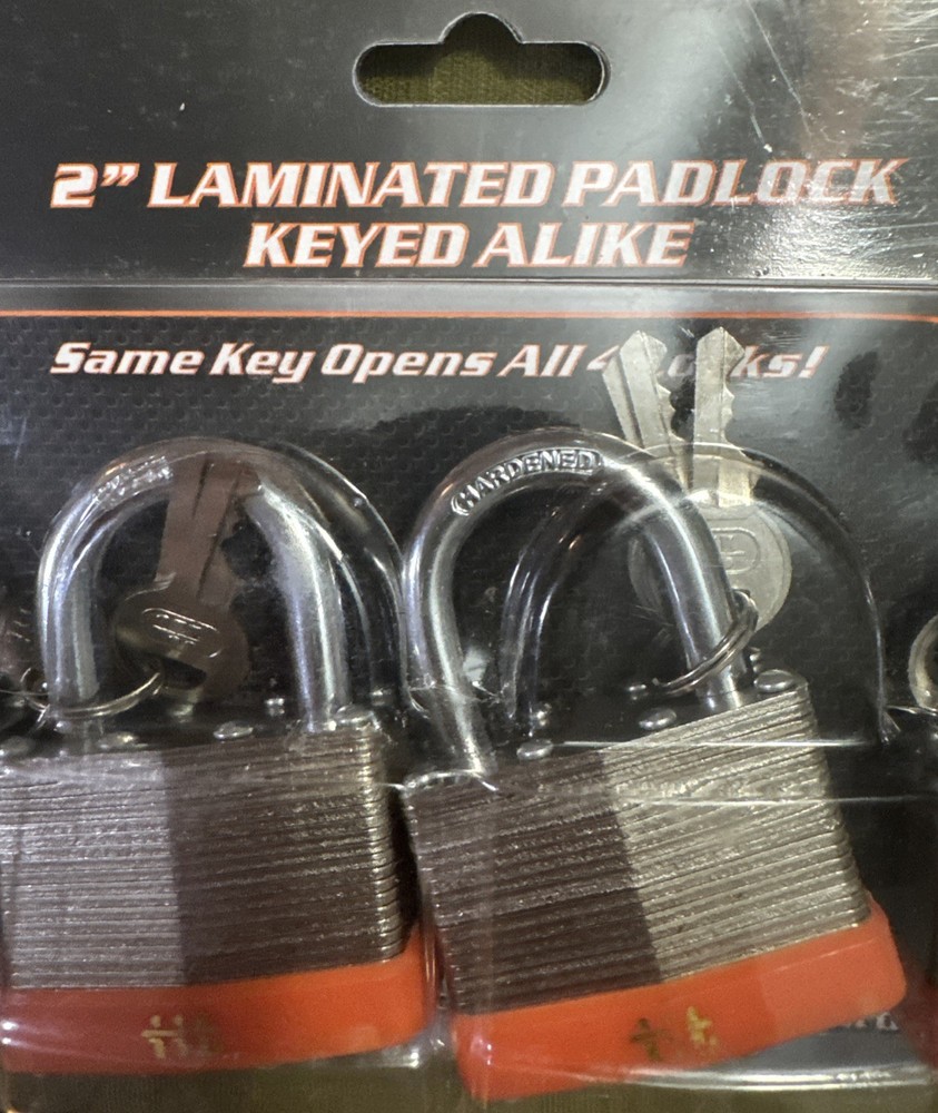 2” Laminated Padlock Keyed Alike 4 Pieces Same Let Opens All 4 Locks/8 Keys Inc.