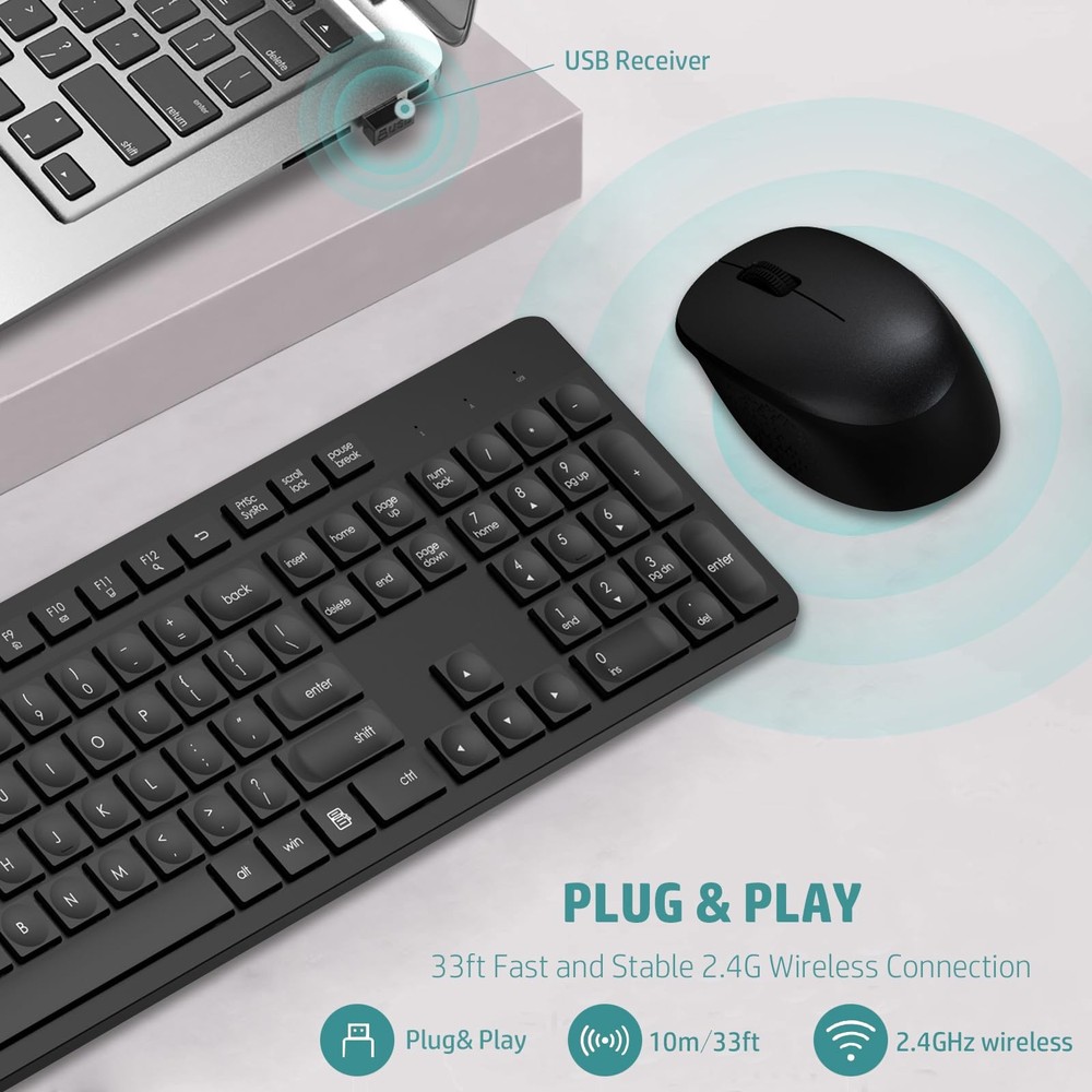 LeadsaiL Wireless Keyboard and Mouse Combo, Full-Sized Ergonomic Computer Keyboa