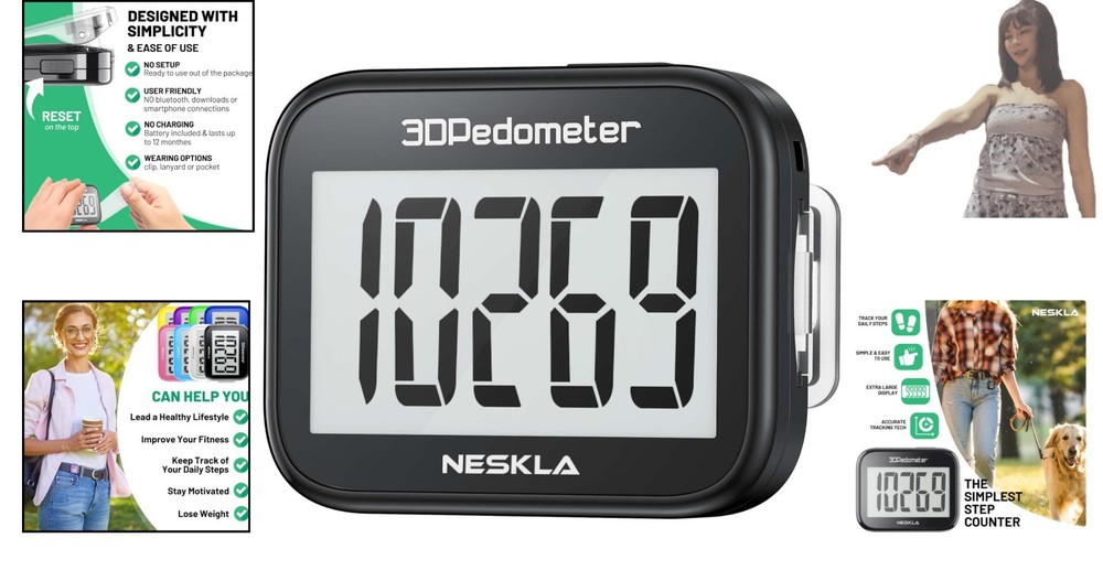Lightweight 3D Step Counter: Simple Design, Easy Read, Battery Lasts a