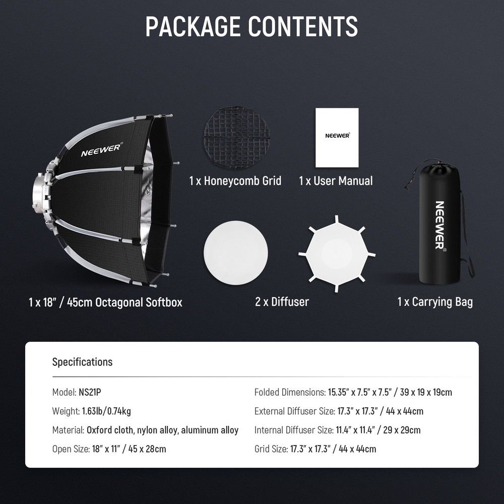 NEEWER NS21PD 18" Octa Softbox - Bowens Mount w/ Grid & Diffuser