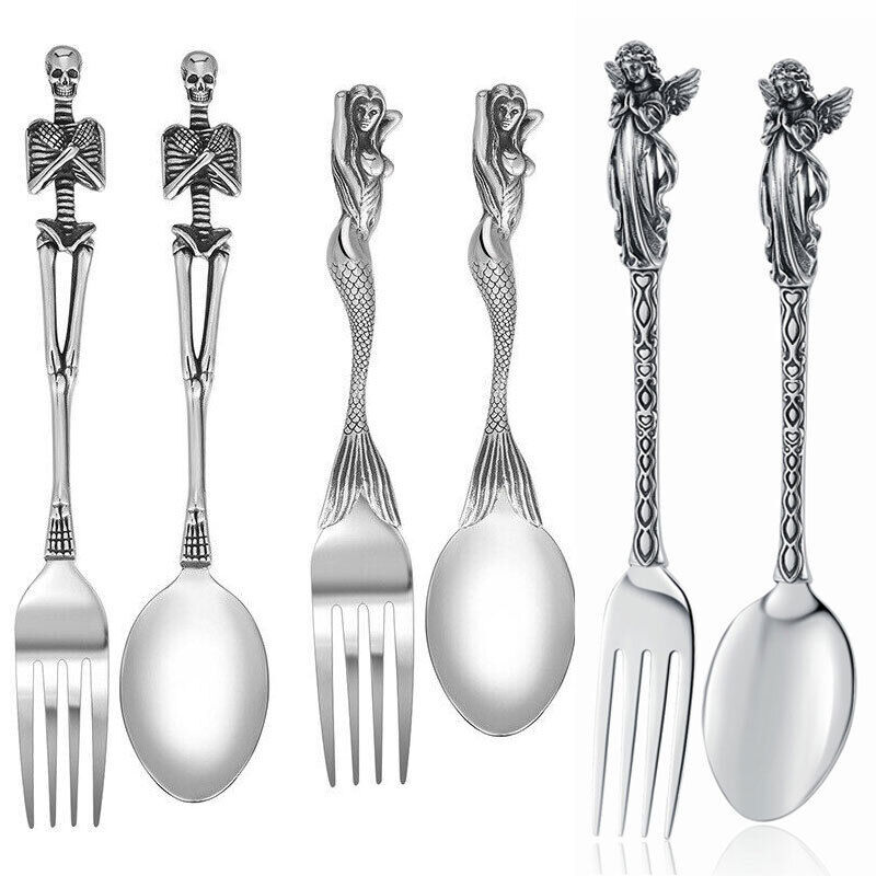 Stainless Mermaid Angel Skull Skeleton Spoon Fork Dinnerware Set Tableware Gift