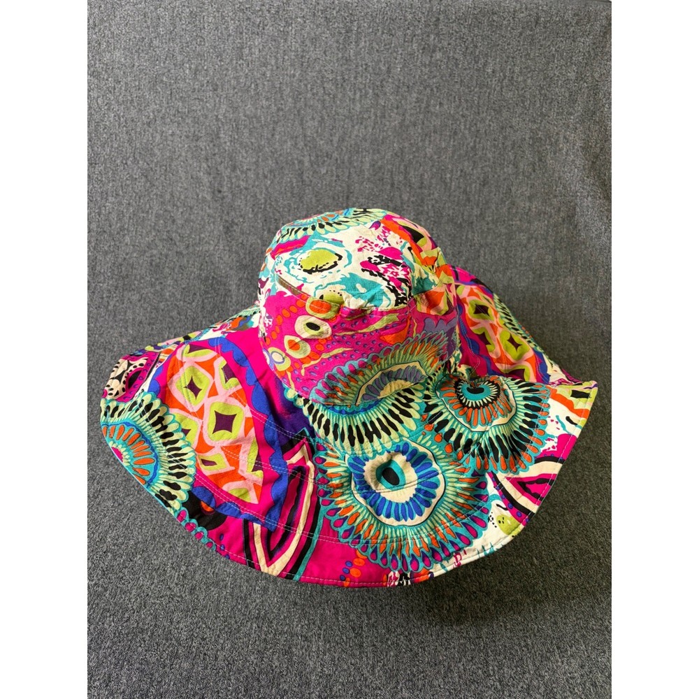 Multicolor Abstract Psychedelic Print Wide Brim Sun Hat Turquoise Lining Boho