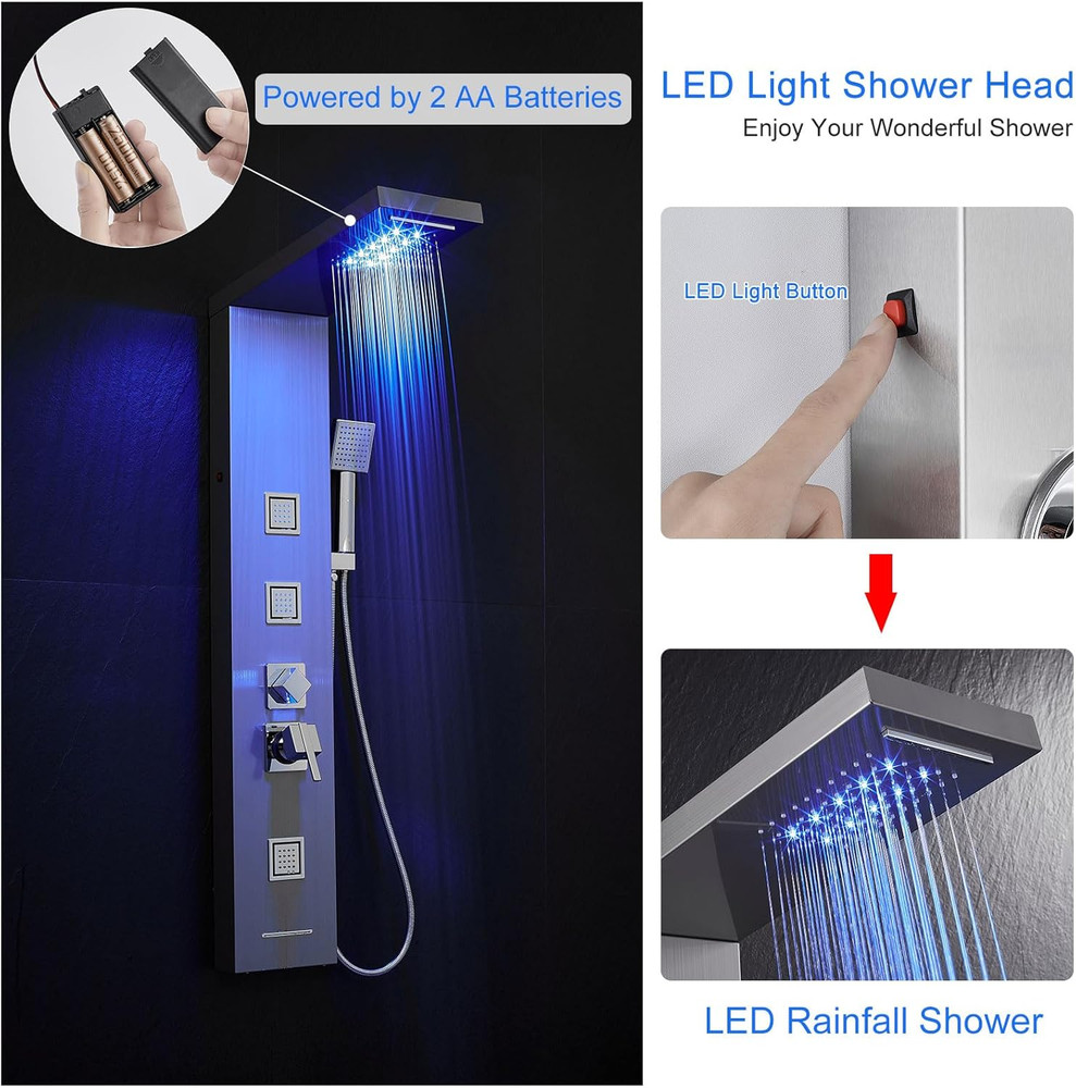 LED Shower Panel Tower with Rainfall, Massage Spray & Handheld Shower