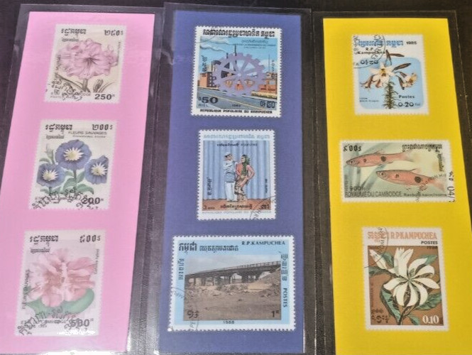 3 BOOKMARKS~CAMBODIA~LAMINATED POSTAGE STAMPS~FISH FLOWERS BRIDGE