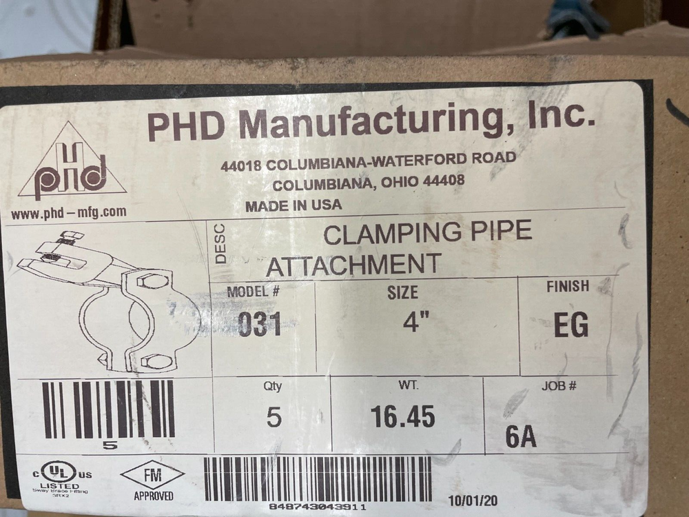 PHD Fig. 031 4" Seismic Sway Brace Clamping Pipe Attachment, Electro-Galvanized
