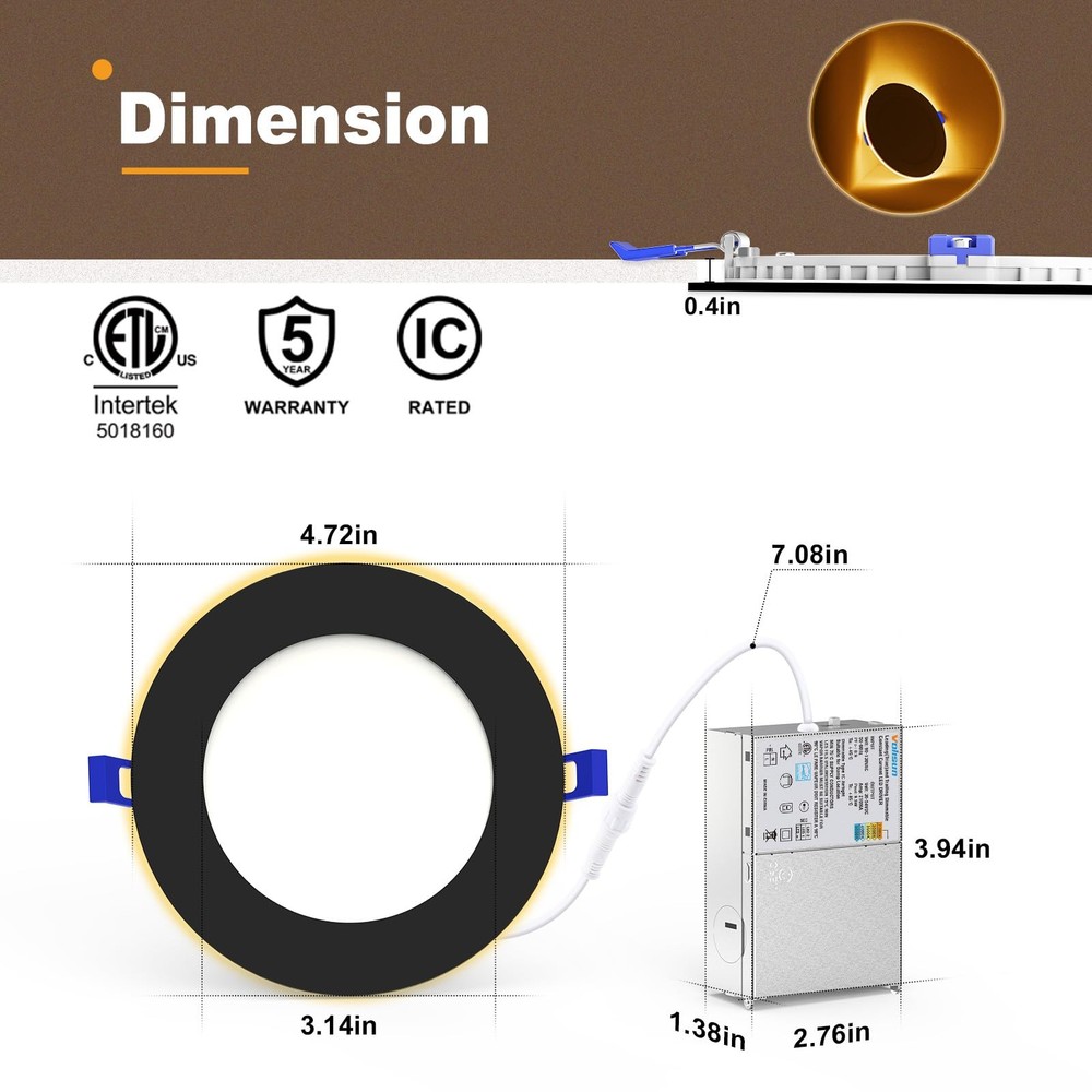 6 Pack 4 Inch 5CCT LED Recessed Ceiling Panel Light Dimmable with Night Light