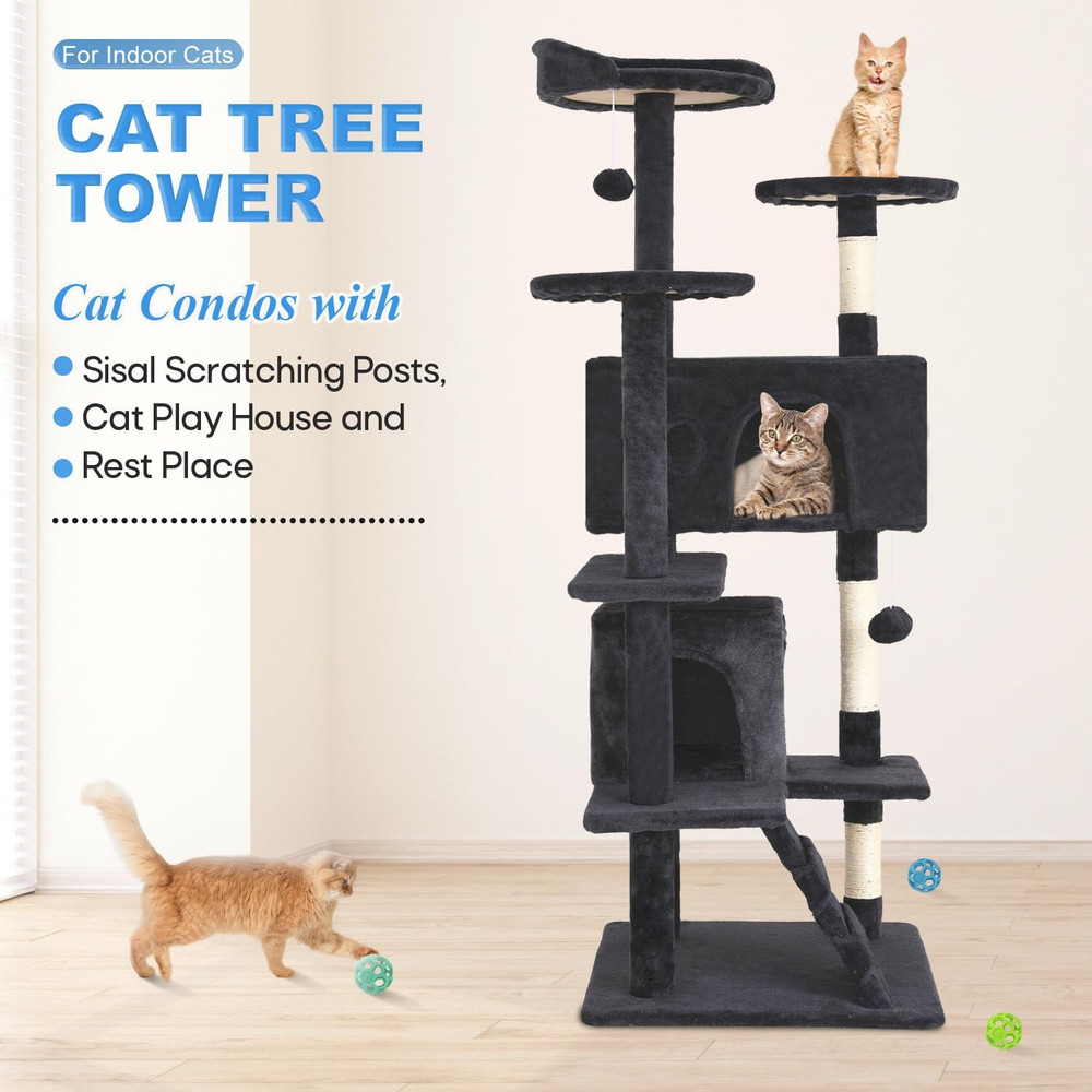 54" Dark Gray Cat Tree Tower with Multi-Level Perches and Scratching Posts