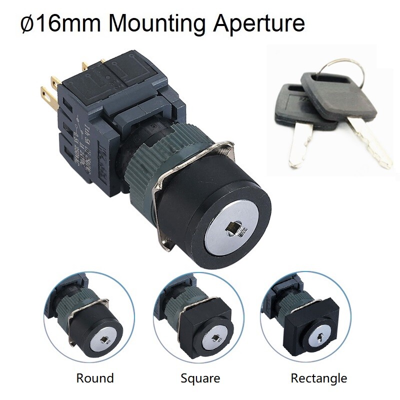 16mm IP40 2/3Position Lock Switch Maintain/Return Square Plastic Key Switch 2key