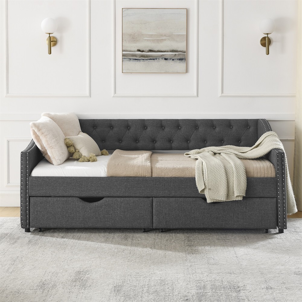 Twin Size Daybed Upholstered Bed Frame Sofa Bed with 2 Storage Drawers Dark Grey