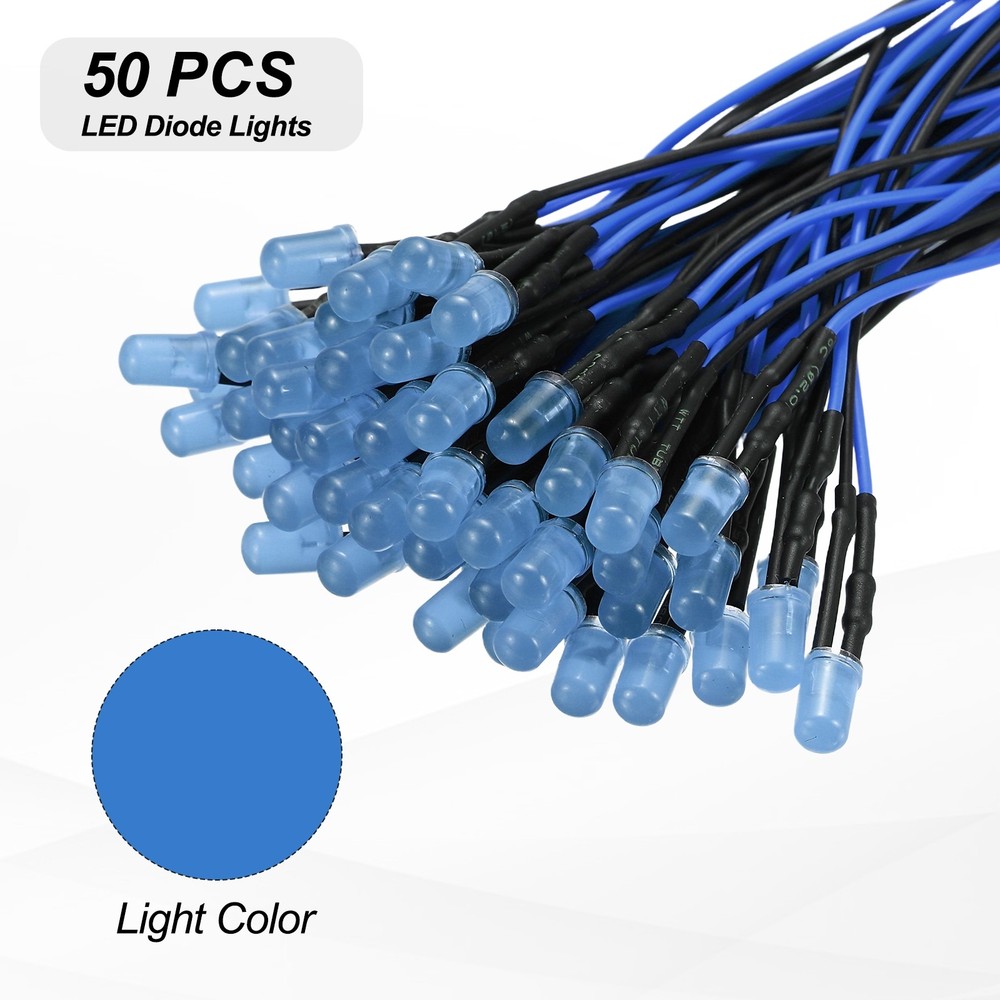 50pcs 3mm LED Diode Lights, Blue Light DC 12V for Electronics