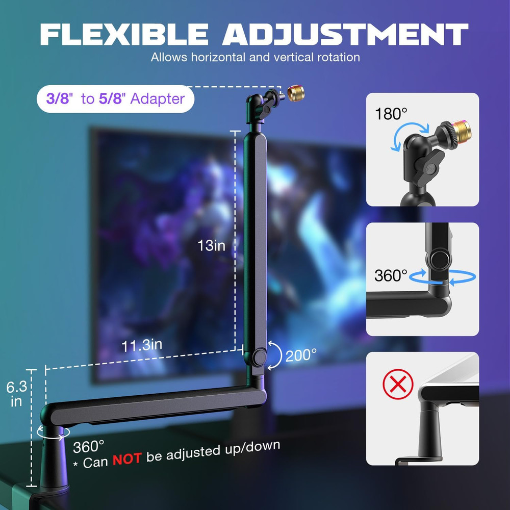 Microphone Boom Arm, Low Profile Adjustable Stick Microphone Arm Stand with Des