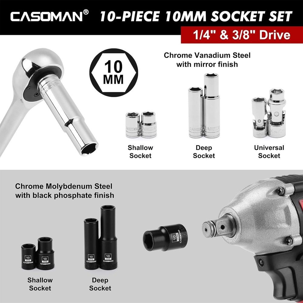 10-Piece Shallow Deep Impact Socket & Flex Socket Set - 10mm, 1/4" & 3/8" Drive