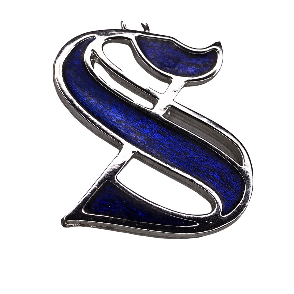 Vintage Signed PLO Blue Script S Pendant Silvertone Necklace 24"