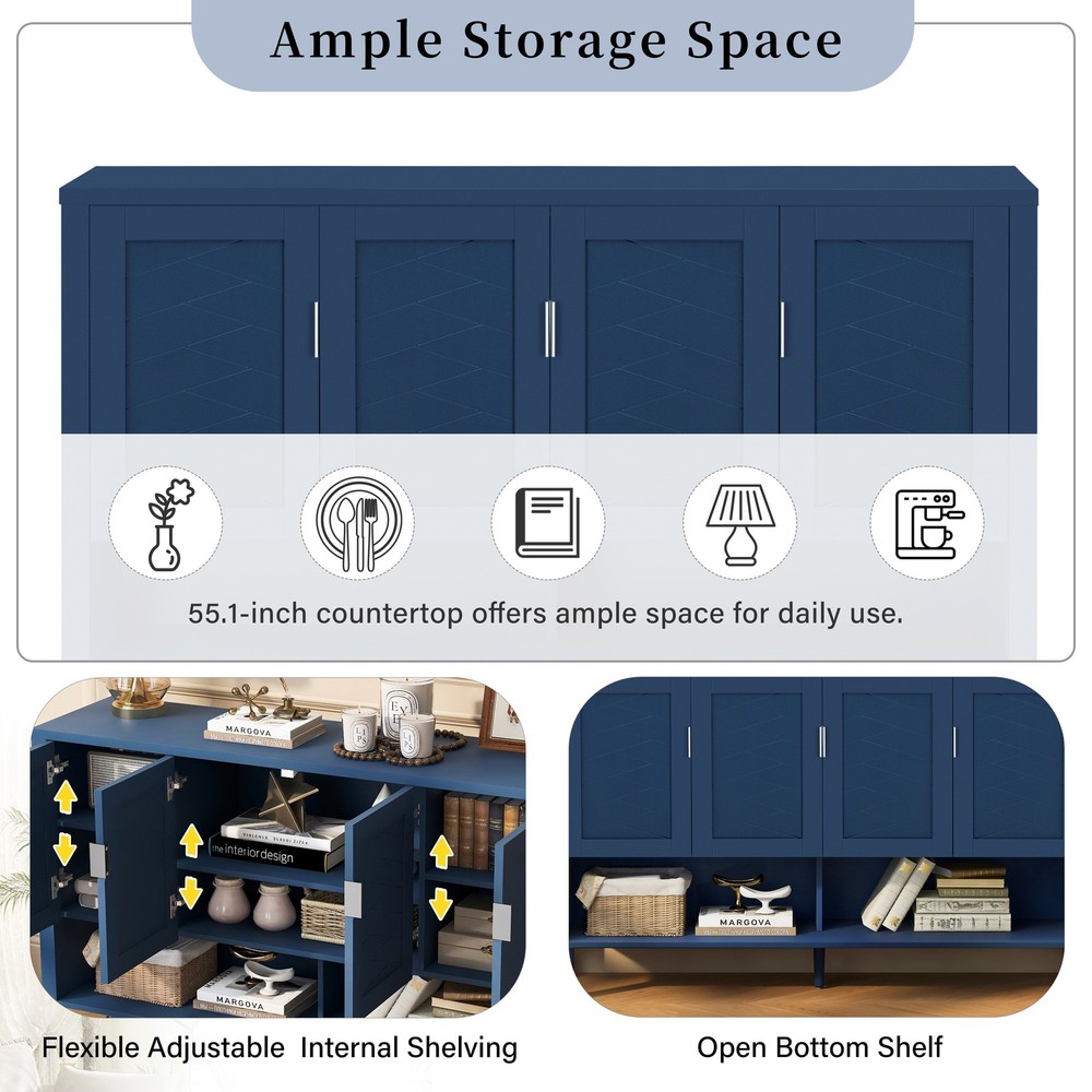 U_STYLE 55.1''Storage Sideboard with 4-Doors,Multi Functional Buffet with Open