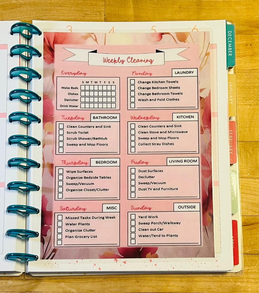Weekly Cleaning Two Sided Dashboard for use with the BIG Happy Planner~