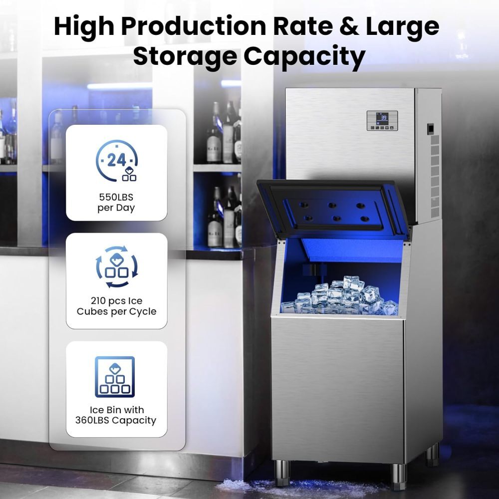 Commercial Ice Maker Machine 550LBS/24H Air-Cooled Ice Machine with Storage Bin