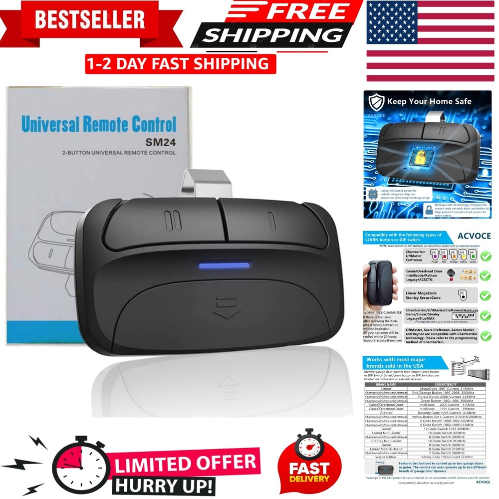 Universal 2-Button Garage Door Remote for Homeowners - Easy Multi-Device Control