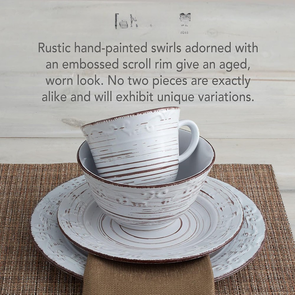 White 16-Piece Dinnerware Set, Serves 4, White Embossed