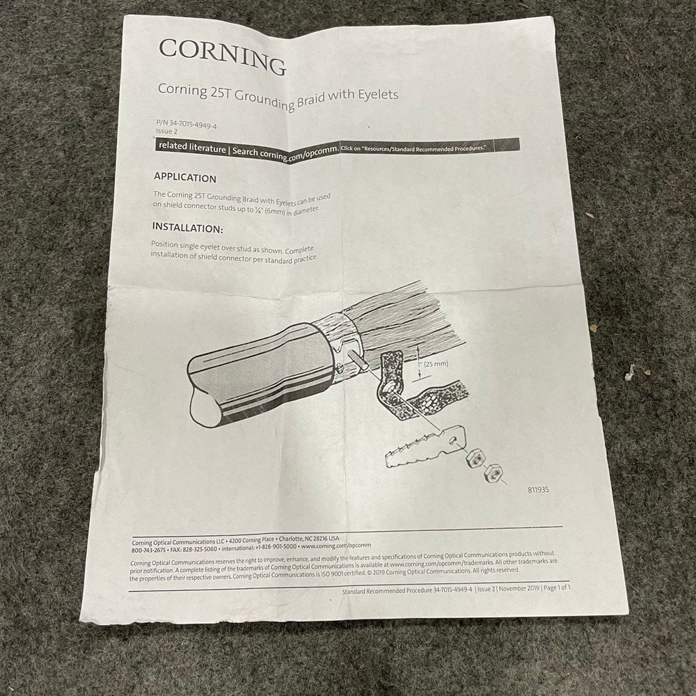 CORNING 80610096143 1/2" x 25Ft. Grounding Braid with Eyelets